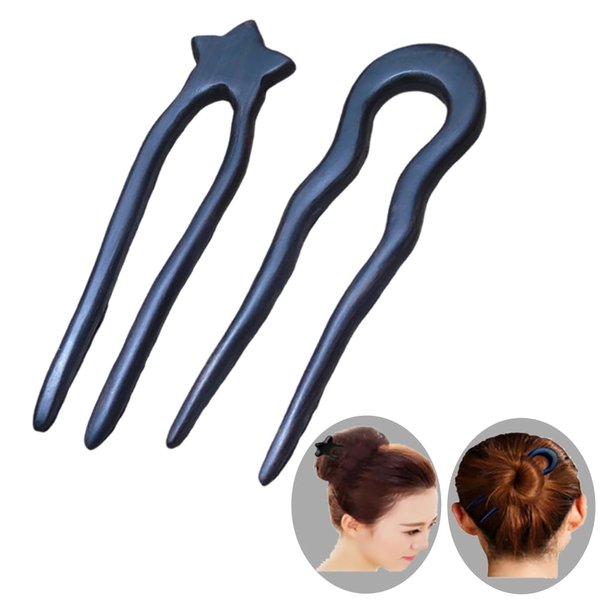 KingcanY 2PCS Wooden 2-Prong Hair Forks, Handmade Retro Sandalwood Hair Sticks French Hair Chopsticks Hair Pins Hairpin, Hair Accessory (star+U shaped)