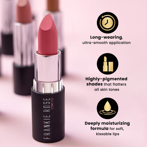 Frankie Rose Long Lasting Lipstick for Women | Smudge Proof Lipstick Enriched with Jojoba Oil | Buildable Lip Colors, Suitable For All Skin Tones | Cruelty-Free Lip Makeup | Bella Rose