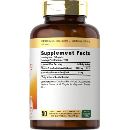 Carlyle Vitamin C with Rose HIPS 500mg | 200 Caplets | High Potency Formula | Vegetarian, Non-GMO and Gluten Free Supplement