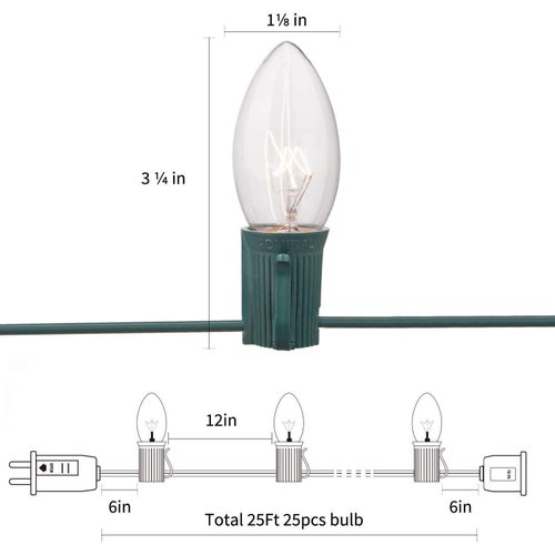Romasaty C7 Christmas Lights Outdoor, 25Ft Vintage Christmas String Lights with 27 Multicolor Ceramic Bulbs, Hanging Christmas Decorations Lights for Roofline House Garden Patio Backyard Party-Green