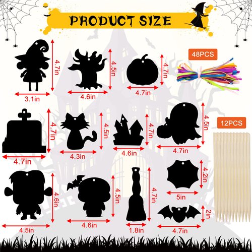 JULMELON Halloween Craft Kits, 48PCS Rainbow Magic Scratch Art Halloween Hanging Ornaments Halloween Crafts Scratch Paper Halloween Party Favors Games