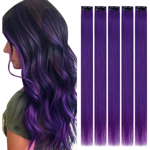 RUNATURE Clip in Hair Extensions Real Human Hair Purple Hair Extensions Human Hair Clip in Extensions 14 Inch Clip in Hair Extensions Purple Human Hair Extensions Clip ins Double Weft 25g 5pcs