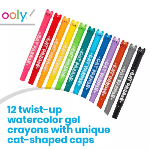 Ooly Cat Parade Gel Crayons for Kids and Adults - Set of 12 Rainbow Color Crayons for Glass and Paper Surfaces with Cat-Shaped, Twist-Up Caps - Easy To Clean, Smooth Gliding Gel Crayon Set