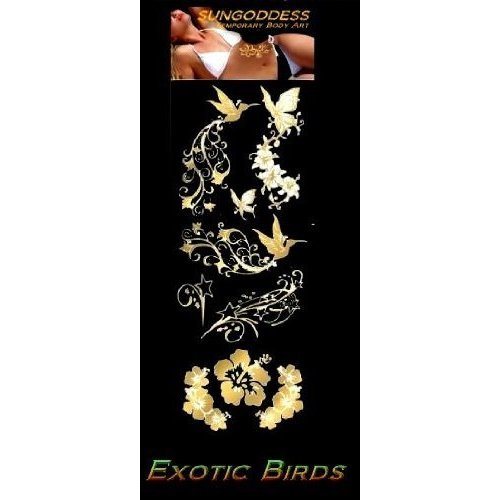 SUNGODDESS Golden Temporary Tattoos (Exotic Flowers & Birds)