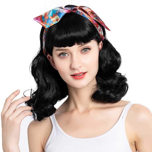 Bybrana Hair 50s wig Rockabilly Vintage Wig Wavy Black Wig With Bangs bettie page wig for Woman for Cosplay & Daily Use（14‘’）