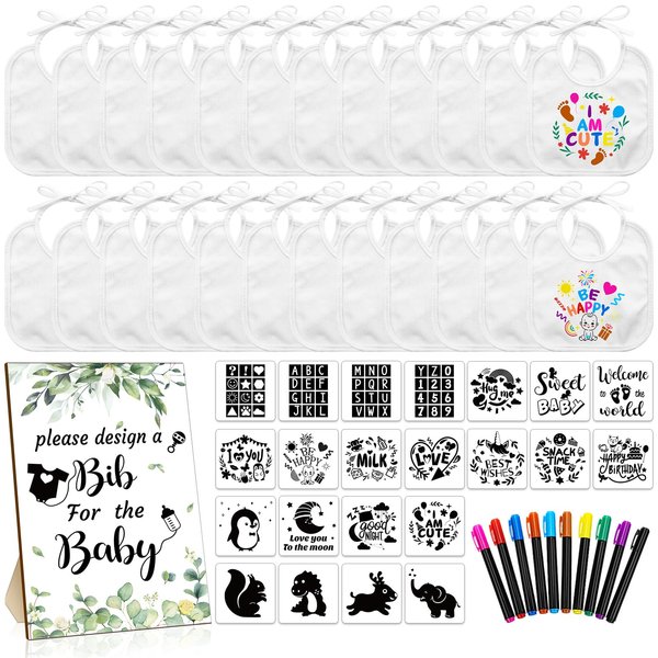 Newwiee 55 Pcs DIY Baby Bibs Set Includes 22 White Feeder Bibs 22 Stencils 10 Fabric Markers 1 Wooden Baby Shower Game Sign, White Bibs Baby Shower Game Gifts for Boys Girls Gender Reveal (Greenery)