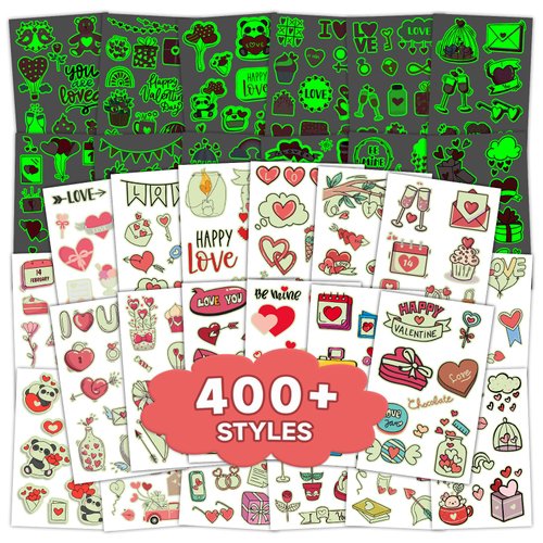 EMOME 400 Styles Luminous Valentine's Day Accessories Party Favors Decorations Supplies, Glow Heart Kiss Tattoos Temporary, Valentines Day Temporary Tattoo Stickers for Kids Women (56 Sheets)