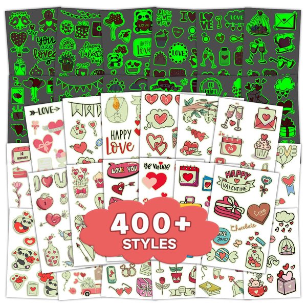 EMOME 400 Styles Luminous Valentine's Day Accessories Party Favors Decorations Supplies, Glow Heart Kiss Tattoos Temporary, Valentines Day Temporary Tattoo Stickers for Kids Women (56 Sheets)