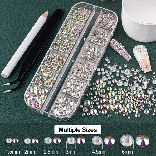 Flat Back Rhinestones&Pearls Kits Round Glass Crystal AB&Transparent White Gems+White&Beige Pearls with Quick Dry Makeup Glue+Picker Pencil+Tweezer for Nail Art and Face Eye Body Make-up
