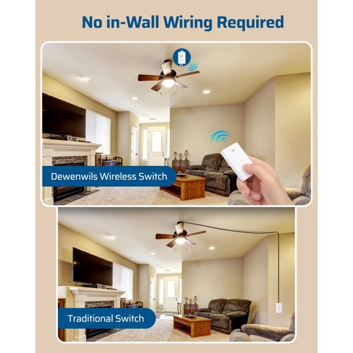 DEWENWILS Wireless Light Switch and Receiver Kit,15A High Power, No in-Wall Wiring, Remote Control Wall Lighting Switch for Ceiling Light, Fan, Lamp, 100FT Range, Programmable, FCC Listed