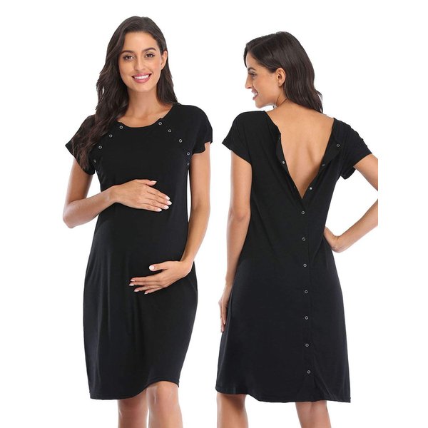 Soanhoo 3 in 1 Delivery/Labor/Nursing Nightgown Women's Maternity Hospital Gown/Sleepwear for Breastfeeding,Black,M