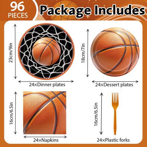 96 PCS Basketball Plates Tableware Set Basketball Birthday Party Decorations Sports Theme Party Supplies for Boys Kids Serves 24