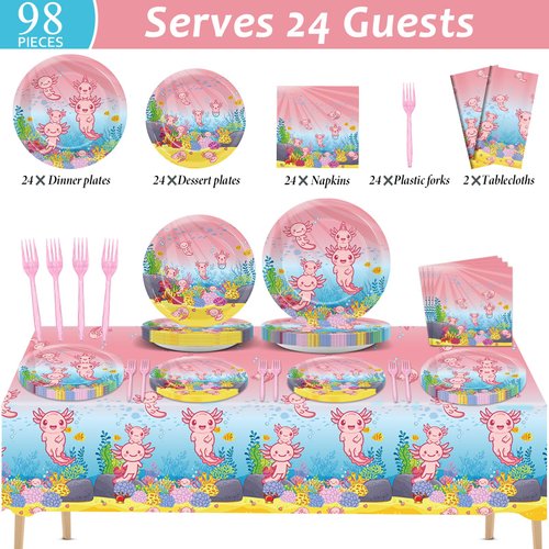 chiazllta 24 Guests Pink Cartoon Axolotl Party Supplies Reptile Animals Party Tableware Set Girl Axolotl Party Decor Favors Party Disposable Plates Napkin Tablecloths for Axolotl Birthday 98 pcs