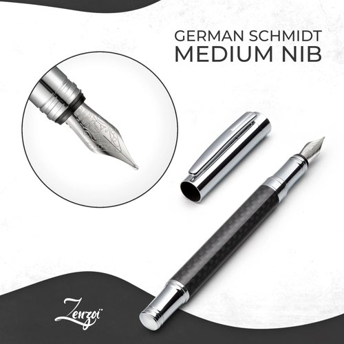 ZenZoi Elite Carbon Fiber Fountain Pen – Elegant Writing Experience with Schmidt Fine Point Nib. Luxury Pen Gift Set, Converter, 2 Ink Refills. Premium, Executive Pen for Men or Women.