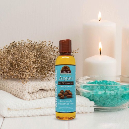 OKAY 100% Natural Argan Hot Oil Hair Treatment - Argan Oil for Hair, Hair Oil for Dry Damaged Frizzy Hair, Pure Oil for Men & Women, Hair Growth Therapy Oil Blend with Jojoba - 6 oz (Pack of 1)