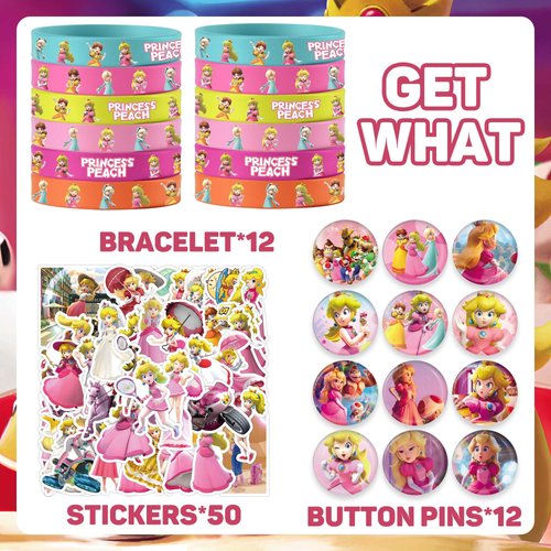 WOOACME Princess Peach Birthday Party Supplies, Princess Peach Party Favors Include 12 Bracelets, 12 Button Pins, 50 Stickers, Princess Peach Theme Party Favors