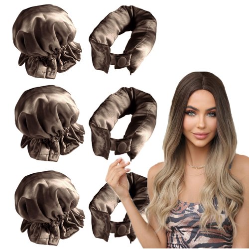 3Sets/6PCS Satin Heatless Hair Curler,Hair Rollers with Hair Caps,Heatless Curlers Headband with Hairnet,Hair Curlers No Heat,Heatless Curling Set For Sleeping Overnight (Brown)