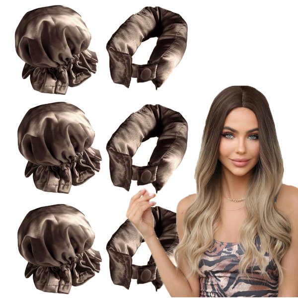 3Sets/6PCS Satin Heatless Hair Curler,Hair Rollers with Hair Caps,Heatless Curlers Headband with Hairnet,Hair Curlers No Heat,Heatless Curling Set For Sleeping Overnight (Brown)
