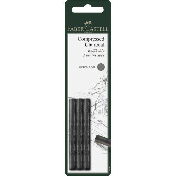 Faber-Castell Pack of 3 Compressed PITT Charcoal Sticks Black, Extra Soft