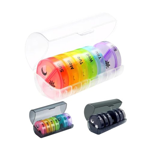 7-Day Pill Organizer with Two Compartments Per Day, Ideal for Pills/Vitamins/Fish Oil/Supplements Storage, BPA-Free and Easy to Clean (Black - Colorful)