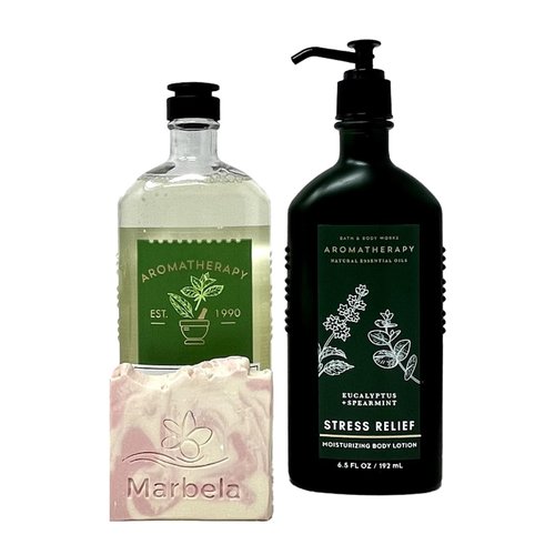Bath & Body Works Eucalyptus Spearmint Duo Set - Body Lotion and Body Wash with a Himalayan Salts Springs Sample Soap.