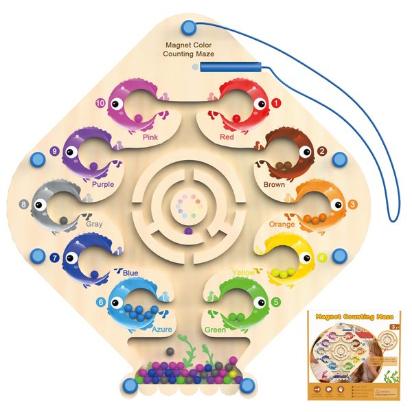 Magnetic Color and Number Maze, Montessori Wooden Color Matching Learning Counting Puzzle Board, Wooden Magnet Maze Board Game Toys, Wooden Puzzle Activity Board for Boys Girls 3 4 5 Years Old