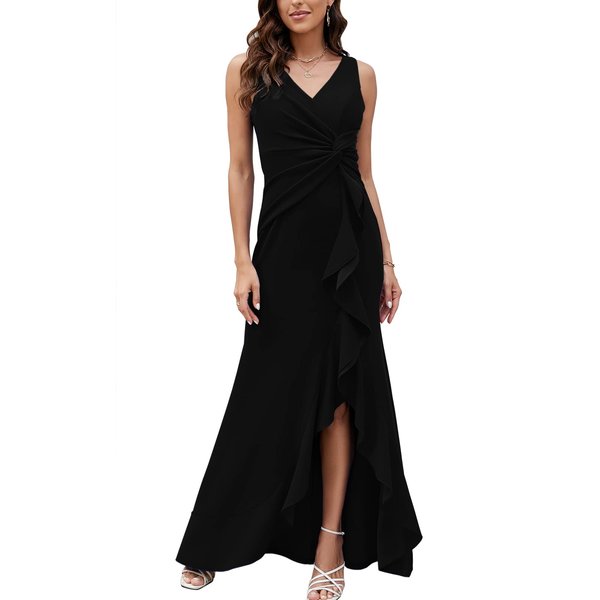 FQA Long Black Evening Gowns for Women Formal Dresses for Women Evening Party Elegant V Neck Sleeveless Split Wrap