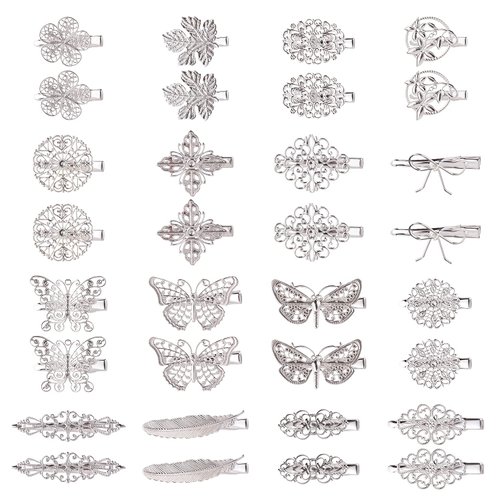 Cinaci 32 Pack/16 Pairs Small Metal Silver Retro Vintage Leaf Flower Butterfly Alligator Hair Clips Duckbill Mini Barrettes Decorative Tiny Hair Pins Accessories for Women Girls Fine Thin Short Hair