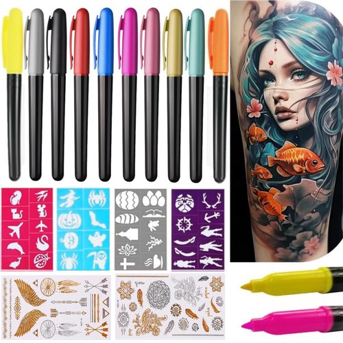 Temporary Tattoo Markers for Skin, 10-Count Body Markers for Family- Cool Gifts for kids and Adults - Skin Tattoos Pen - Skin-Safe, Halloween Makeup Kit, DIY Fake Tattoos