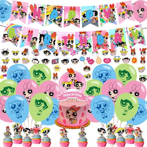 Girls of 𝖯𝗈𝗐𝖾𝗋𝗉𝗎𝖿𝖿 Birthday Party Decorations ,𝖯𝗈𝗐𝖾𝗋𝗉𝗎𝖿𝖿 Girls Birthday Party Favor with Banner, Cake Topper, Cupcake Toppers, Balloons for Boys Girls Fans Party Supplies