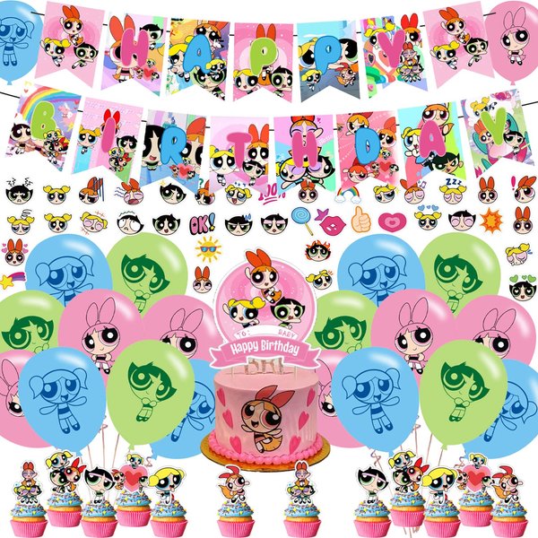Girls of 𝖯𝗈𝗐𝖾𝗋𝗉𝗎𝖿𝖿 Birthday Party Decorations ,𝖯𝗈𝗐𝖾𝗋𝗉𝗎𝖿𝖿 Girls Birthday Party Favor with Banner, Cake Topper, Cupcake Toppers, Balloons for Boys Girls Fans Party Supplies
