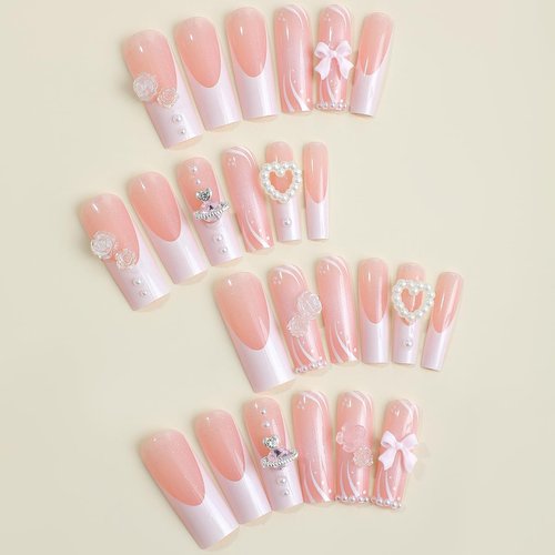 24 Pcs Square Press on French Tip Fake Nails Full Cover 3D Rhinestone Acrylic False Tips with Gems Sweet Pink Stick on Artificial Nails for Women Manicure Decorations
