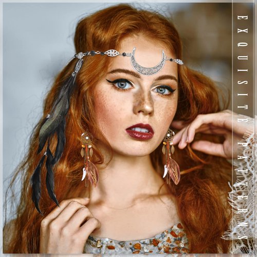 5 Pack Feather Hair Clips Boho Head Moon Chain Crystal Vintage Forehead Jewelry Witch Headpiece Hippie Comb with Long Tassel Feather Earrings Costume for Party Halloween Women (Retro Silver)