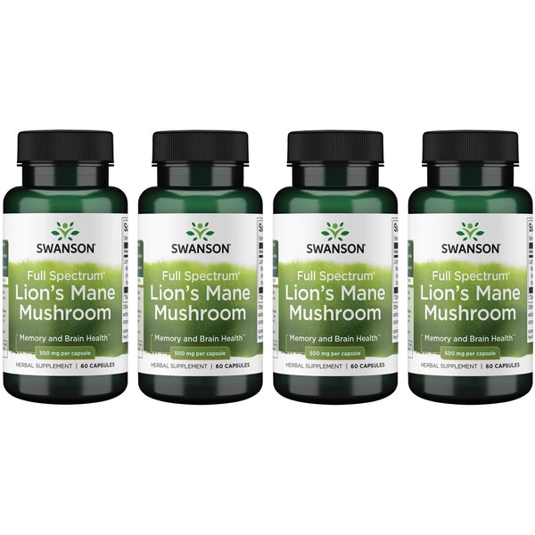 Swanson Lion's Mane Mushroom Capsules - 500 mg Each, 60 Capsules - Herbal Supplement Supporting Cognitive Function (4 Pack)