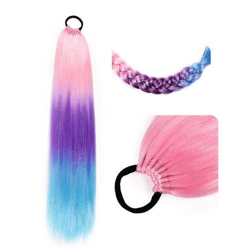 Ponytail Extension With Hair Tie 26 inch Colored Hair Extensions for Braiding Colorful Ombre Pony Tail Hair Extensions for Braids Rainbow Festival Rave Crazy Hair Day 1 Pack Pink Purple Blue