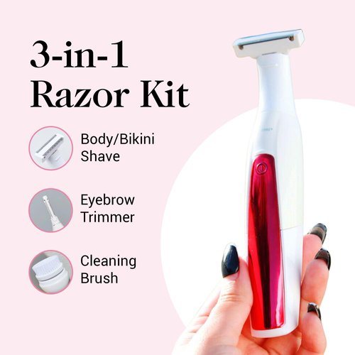Kushae 3-in-1 Razor Kit for Women - Female Shaving Razor - Eyebrow Trimming Tool - Waterproof Cleansing Device - Rechargeable Hair Removal Trimmer for Legs, Bikini, Underarms, Face & Hands