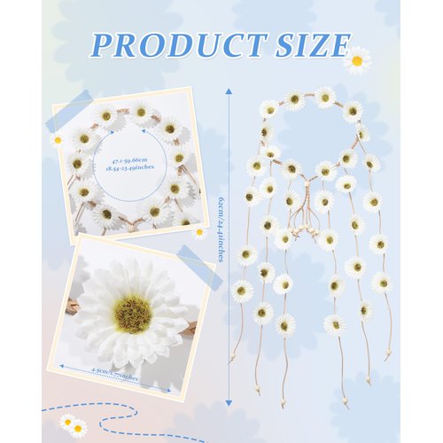 CHLINS Hippie Headband Flower Crown Bohemian Sunflower Headband Flower Headpiece Hippie Costume 60s 70s Outfits for Women (White)
