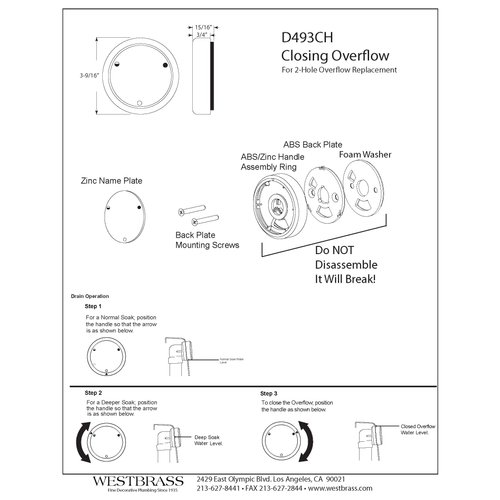 Westbrass D493CH-07 Patented Deep Soak Round Replacement 2-Hole Bathtub Overflow Cover for Full and Over-Filled Closure, Satin Nickel