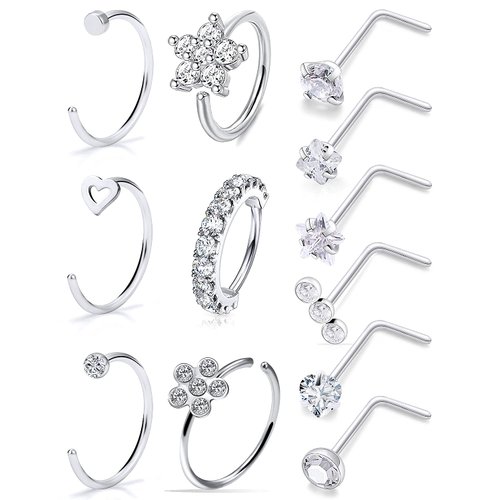 Ftovosyo 20G Surgical Steel Nose Rings Hoop for Women Men, Paved CZ Flower Piercing Jewelry L Shaped Nose Ring Stud Set