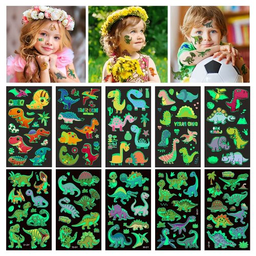 AOMIG Temporary Tattoo for Kids, 10 Sheets Glow In The Dark Cartoon Dinosaur Tattoo Stickers, Waterproof Luminous Fake Tattoo Stickers Set for Boys Girls Birthday Party Bag Filler