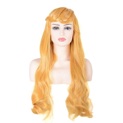 DJF Women Blonde Princess Aurora Wig Big Girls Long Curly Hairs Halloween Cosplay Costume Accessories (Gold Yellow)