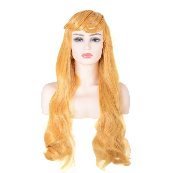 DJF Women Blonde Princess Aurora Wig Big Girls Long Curly Hairs Halloween Cosplay Costume Accessories (Gold Yellow)