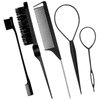 5Pcs Slick Hair Brush Set with 2Pcs Topsy Hair Tail Tool 1Pcs Bristle Teasing Hair Brushes 1Pcs Edge Brush 1Pcs Rat Tail Comb Woman,Girls,Hair Flyaways Styling,Edge&Back Combing biack