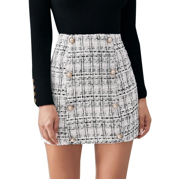 SweatyRocks Women's Elegant High Waist A-line Plaid Tweed Mini Skirt Black and White XXL