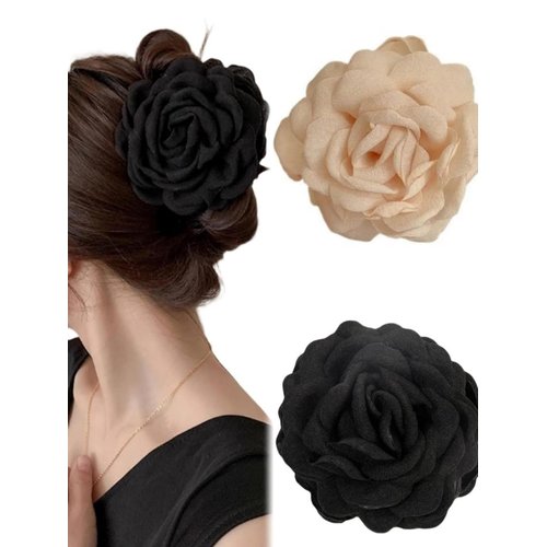 2PCS Flower Women's Hair Claws Clip,Fashion Headwear Elegant Lady Fabric Rose Flower Hair Claw Hairpin Women Girls Accessories (White& Black)