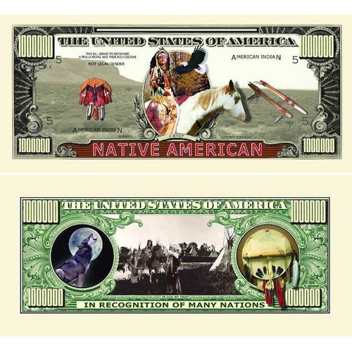 5 Native American Million Dollar Bills with Bonus “Thanks a Million” Gift Card Set