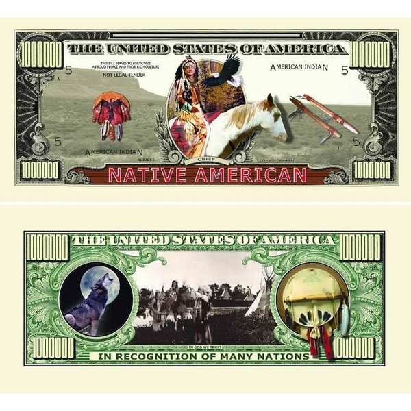 5 Native American Million Dollar Bills with Bonus “Thanks a Million” Gift Card Set