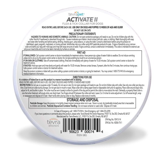 TevraPet Activate II Flea and Tick Collar for Dogs, 12 Months Prevention, 2 Count, One Size Fits All