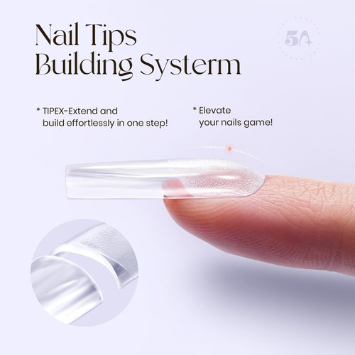 Five Angeles Tipex Nail Tips, Instant Apex Full Cover Gel Nail Tips Long Square Thicker Acrylic Nails,Strong Clear Pre-etched Press-on Nails,Matte Underside False Nails for Flat Nails