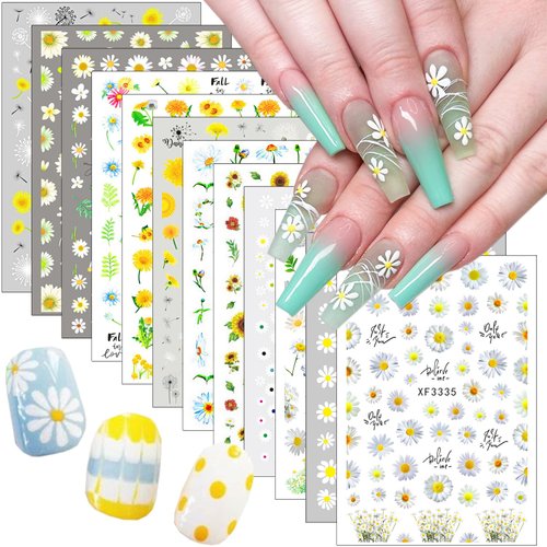 12Pcs Flower Nail Art Stickers 3D Spring Summer Daisy Nail Decals Self-Adhesive Sunflower Nail Stickers Colorful Floral Nail Art Design Accessories Flower Nail Supplies for Women Acrylic Nails Decor